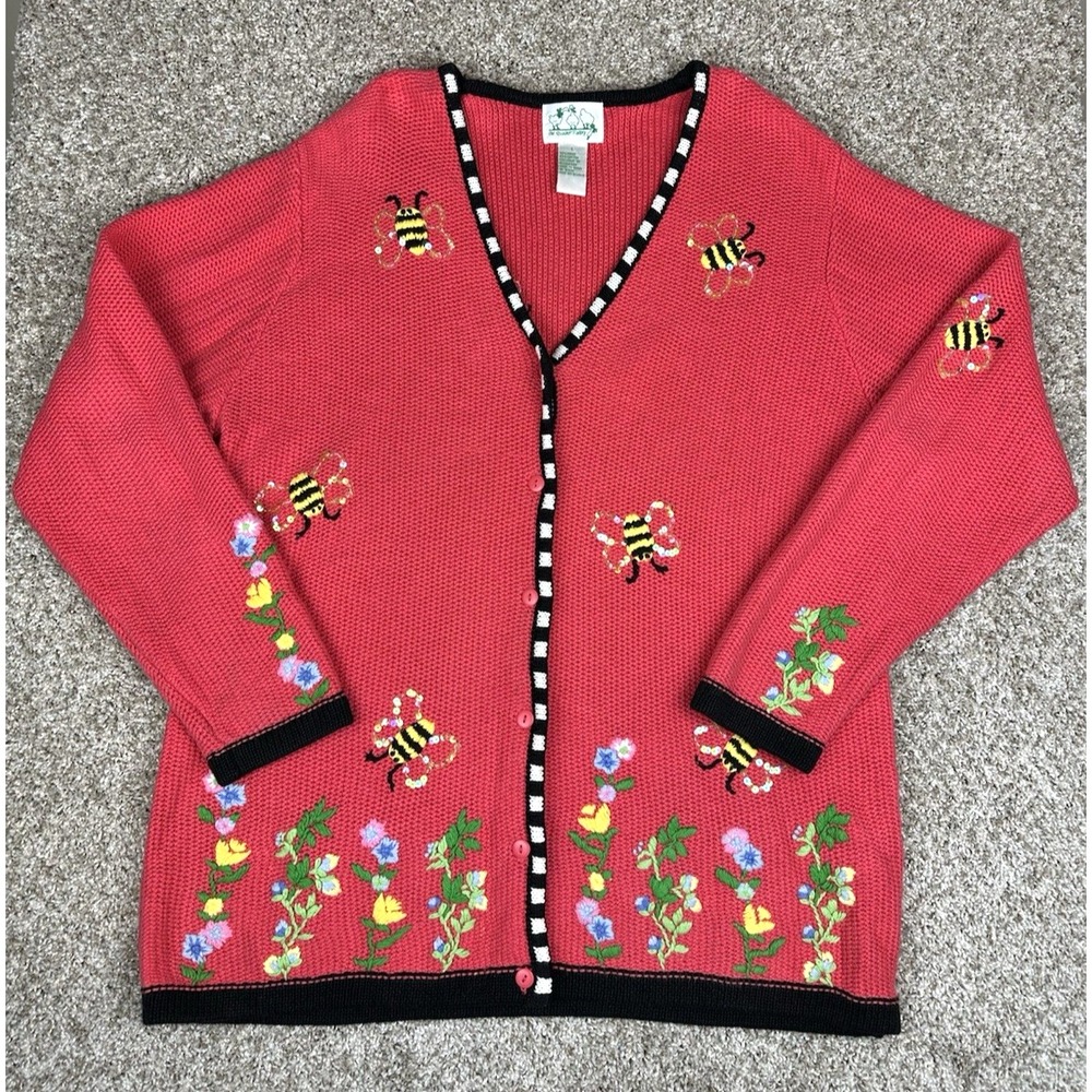 Quacker Factory Bumble Bee Flower Cottagecore Sweater Women Sz L Pink Coral EUC